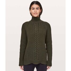 Lululemon Bring the Cozy Mock Neck Sweater Sz. 6 Olive Green Chunky Cable Knit
